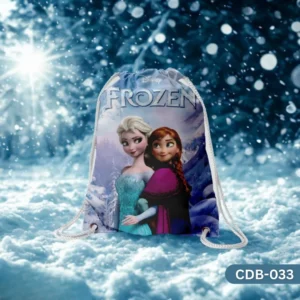 "Frozen Frost Drawstring Bag with Disney Anna and Elsa Together Print CDB-033", "Kids Cartoon Sling Bag featuring Frozen Sisters Elsa and Anna with Logo", "Durable Polyester Girls Bag with Disney Frozen Princesses Design CDB-033".