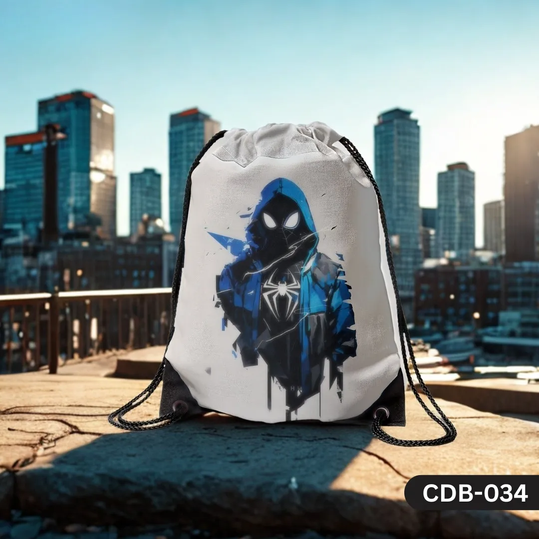 "Midnight Web Drawstring Bag with Stylized Blue and Black Hooded Spider-Man Print CDB-034", "White Sling Bag featuring Modern Street Art Style Spider-Man Design", "Durable Polyester Superhero Bag with Unique Hooded Web-Slinger Art CDB-034".