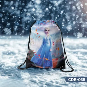 "Snowflake Princess Drawstring Bag with Disney Frozen 2 Elsa and Autumn Leaves Print CDB-035", "Kids Cartoon Queen Sling Bag featuring Elsa in Blue Travel Dress with Snowflakes", "Durable Polyester Girls Bag with Elsa Enchanted Forest Design CDB-035".