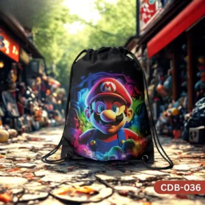 "Mario Bro's Drawstring Bag with Colorful Psychedelic Super Mario Print CDB-036", "Black Sling Bag featuring Artistic Neon Mario Design", "Durable Polyester Kids Gaming Bag with Vibrant Mario Character Art CDB-036".