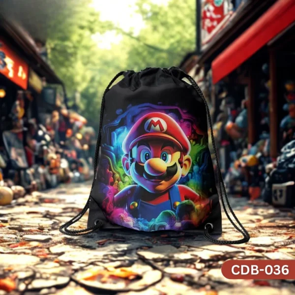 "Mario Bro's Drawstring Bag with Colorful Psychedelic Super Mario Print CDB-036", "Black Sling Bag featuring Artistic Neon Mario Design", "Durable Polyester Kids Gaming Bag with Vibrant Mario Character Art CDB-036".