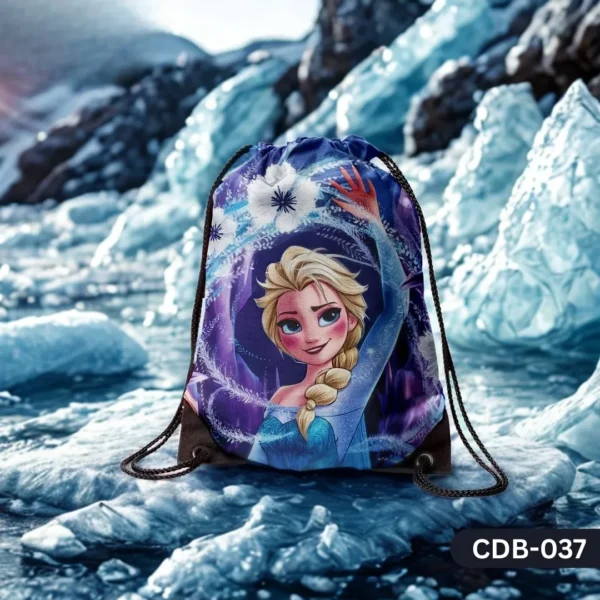 "Frozen Fantasy Drawstring Bag with Disney Elsa Ice Power Print CDB-037", "Kids Cartoon Queen Sling Bag featuring Elsa from Frozen with Snowflakes", "Durable Polyester Girls Bag with Elsa Ice Magic Design CDB-037".
