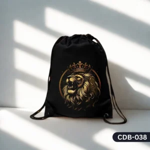 "Lion's King Drawstring Bag with Gold Crowned Lion on Black Background CDB-038", "Majestic Roaring Lion with Crown Themed Sling Bag", "Durable Polyester Drawstring Bag with Regal Lion King Art CDB-038".
