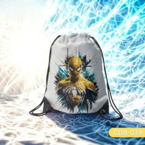 "Golden Spider Strike Drawstring Bag with Stylized Golden Spider-Man Print CDB-039", "White Sling Bag featuring Armored Gold and Blue Spider-Man Design", "Durable Polyester Superhero Bag with Unique Spider-Man Art CDB-039".
