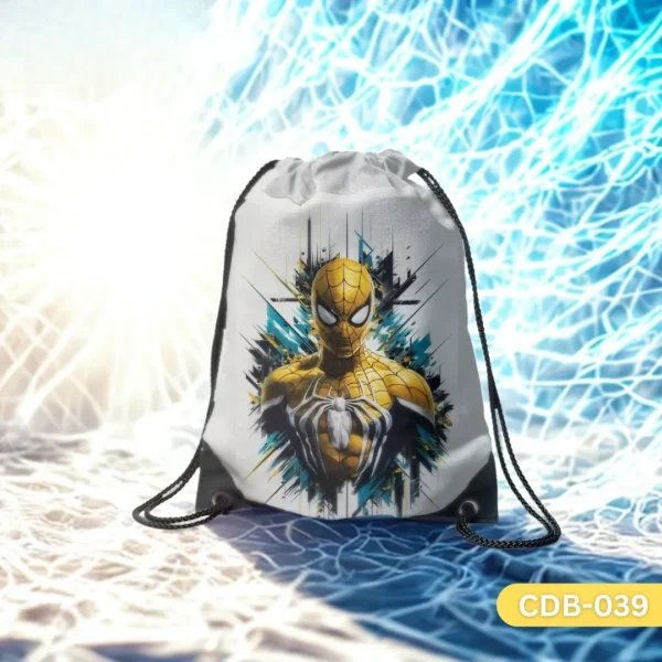 "Golden Spider Strike Drawstring Bag with Stylized Golden Spider-Man Print CDB-039", "White Sling Bag featuring Armored Gold and Blue Spider-Man Design", "Durable Polyester Superhero Bag with Unique Spider-Man Art CDB-039".