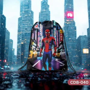 "Spider-Man Drawstring Bag with Marvel Superhero in Cityscape Print CDB-040", "Black Sling Bag featuring Spider-Man with Neon City Background", "Durable Polyester Superhero Bag with Spider-Man Design CDB-040".