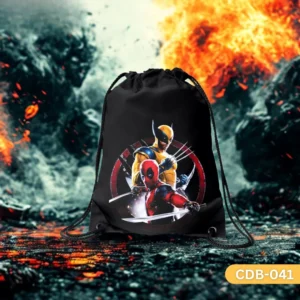 "Deadpool & Wolverine Drawstring Bag with Marvel Anti-Hero Team-Up Print CDB-041", "Black Sling Bag featuring Deadpool and Wolverine with Claws and Katanas", "Durable Polyester Superhero Bag with Deadpool & Wolverine Design CDB-041". Keywords in Page Content (na