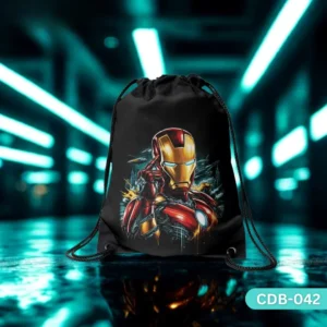 "Iron Man Drawstring Bag with Marvel Avenger Hero Print CDB-042", "Black Sling Bag featuring Tony Stark in Iron Man Armor", "Durable Polyester Superhero Bag with Iron Man Design CDB-042".