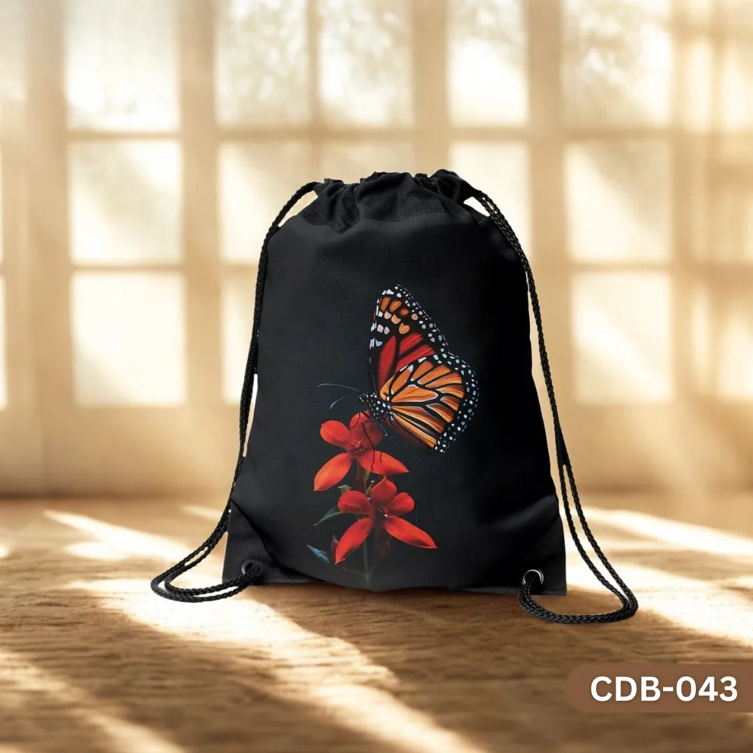 "Floral Butterfly Drawstring Bag with Monarch Butterfly and Red Flowers on Black Background CDB-043", "Elegant Nature Themed Sling Bag featuring Orange Butterfly and Red Blooms", "Durable Polyester Drawstring Bag with Striking Butterfly Floral Art CDB-043".