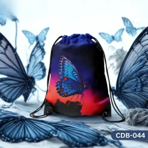 "Blue Butterfly Drawstring Bag with Vibrant Sunset Background Print CDB-044", "Nature Themed Sling Bag featuring a Colorful Blue and Red Butterfly", "Durable Polyester Drawstring Bag with Elegant Butterfly Art CDB-044"