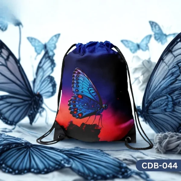 "Blue Butterfly Drawstring Bag with Vibrant Sunset Background Print CDB-044", "Nature Themed Sling Bag featuring a Colorful Blue and Red Butterfly", "Durable Polyester Drawstring Bag with Elegant Butterfly Art CDB-044"