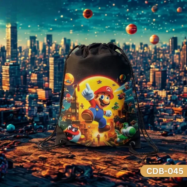 "Mario's World Drawstring Bag with Super Mario Yoshi and Cappy Print CDB-045", "Nintendo Themed Sling Bag featuring Mario in Action Pose", "Durable Polyester Kids Gaming Bag with Mario Characters CDB-045".