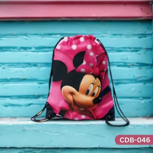 "Minnie Mouse Drawstring Bag with Pink Polka Dot Design CDB-046", "Disney Character Minnie Mouse Themed Sling Bag for Girls", "Durable Polyester Kids Bag featuring Minnie Mouse in Pink Dress CDB-046".