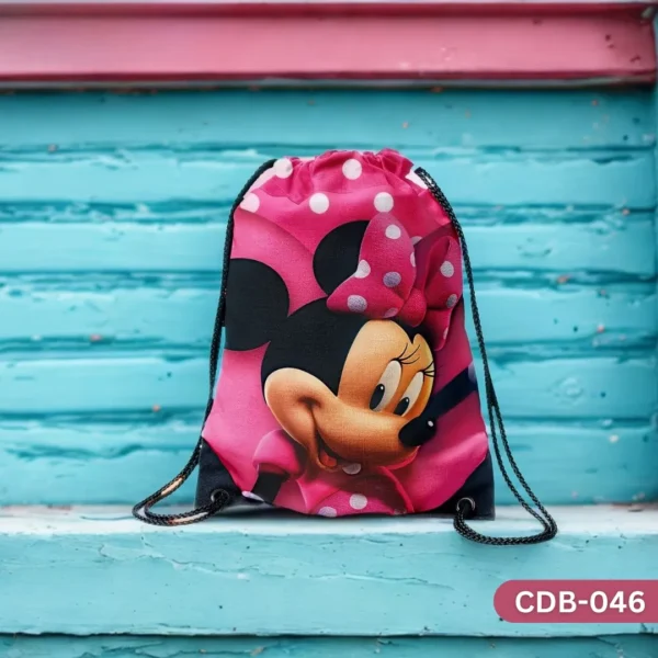 "Minnie Mouse Drawstring Bag with Pink Polka Dot Design CDB-046", "Disney Character Minnie Mouse Themed Sling Bag for Girls", "Durable Polyester Kids Bag featuring Minnie Mouse in Pink Dress CDB-046".