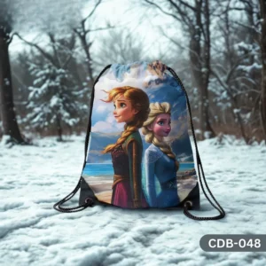 "Disney Frozen Drawstring Bag with Anna and Elsa Scenic Print CDB-048", "Kids Cartoon Sling Bag featuring Frozen Sisters Elsa and Anna Together", "Durable Polyester Girls Bag with Disney Frozen Princesses Design CDB-048".