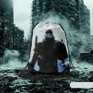 "Extraction Drawstring Bag with Post-Apocalyptic Operative Design CDB-052", "Durable Gaming Themed Sling Bag with Snowy Cityscape", "Tactical Agent Character Print Drawstring Bag CDB-052".