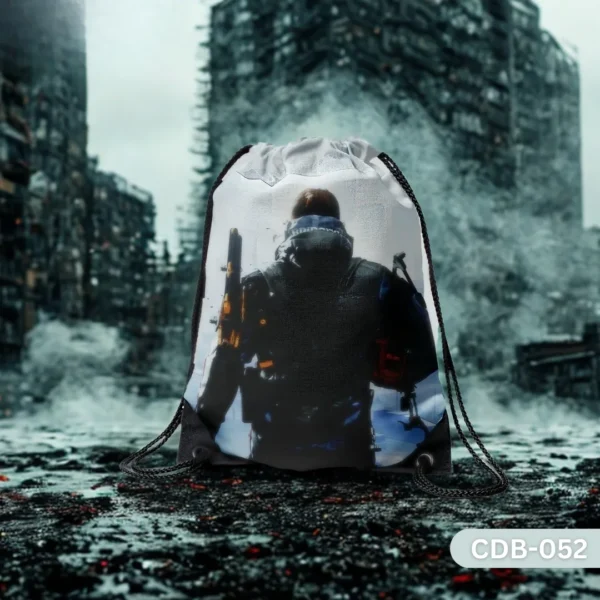 "Extraction Drawstring Bag with Post-Apocalyptic Operative Design CDB-052", "Durable Gaming Themed Sling Bag with Snowy Cityscape", "Tactical Agent Character Print Drawstring Bag CDB-052".