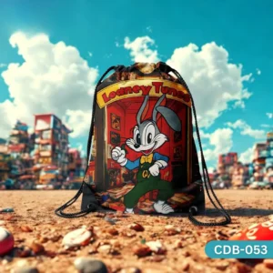 "Looney Tunes Drawstring Bag with Bugs Bunny Print CDB-053", "Classic Cartoon Bugs Bunny Themed Sling Bag on Red Background", "Durable Polyester Kids Bag featuring Looney Tunes Character CDB-053".