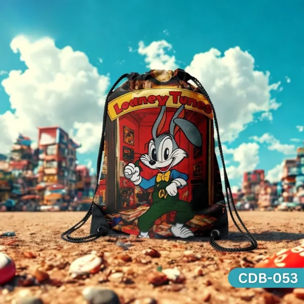 "Looney Tunes Drawstring Bag with Bugs Bunny Print CDB-053", "Classic Cartoon Bugs Bunny Themed Sling Bag on Red Background", "Durable Polyester Kids Bag featuring Looney Tunes Character CDB-053".