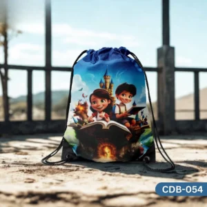 "Dream Castle Drawstring Bag with Kids Storybook Characters and Castle Print CDB-054", "Blue Drawstring Bag featuring Cartoon Boy and Girl Reading an Adventure Book", "Durable Polyester Kids Bag with Magical Castle Design CDB-054".