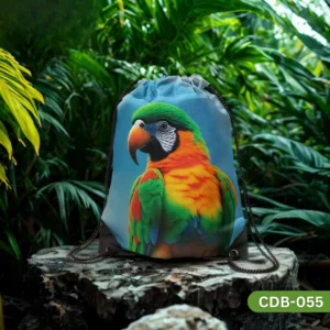 "Parrot Drawstring Bag with Colorful Tropical Bird Print CDB-055", "Vibrant Green Orange Yellow Parrot Design Sling Bag on Blue Background", "Durable Polyester Drawstring Bag featuring a Brightly Colored Parrot CDB-055". Keywords i