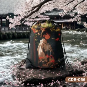 "Blossom Girl Drawstring Bag with Anime Girl and Cherry Blossoms Design CDB-056", "Japanese Style Anime Art Sling Bag with Spring Flowers", "Serene Anime Girl in Floral Hoodie Drawstring Bag CDB-056".