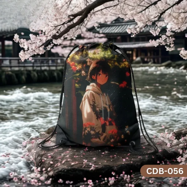 "Blossom Girl Drawstring Bag with Anime Girl and Cherry Blossoms Design CDB-056", "Japanese Style Anime Art Sling Bag with Spring Flowers", "Serene Anime Girl in Floral Hoodie Drawstring Bag CDB-056".