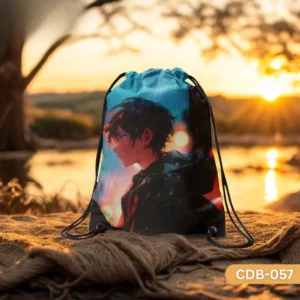 "Silent Raindrop Drawstring Bag with Anime Boy in Rain Design CDB-057", "Atmospheric Anime Style Sling Bag with Sunset Background", "Introspective Anime Character Print Drawstring Bag CDB-057".
