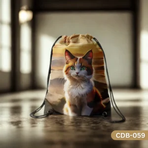 "Caramel Kitty Drawstring Bag with Calico Cat and Green Eyes Print CDB-059", "Cute Cat Themed Durable Polyester Sling Bag", "Adorable Calico Cat Portrait Drawstring Bag CDB-059".