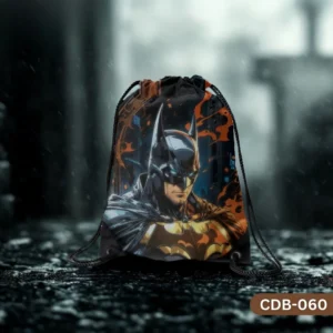 "Batman Drawstring Bag with Dark Knight Portrait and Gotham City Print CDB-060", "Black Sling Bag featuring DC Superhero Batman with Fiery Background", "Durable Polyester Comic Book Hero Bag with Batman Design CDB-060".