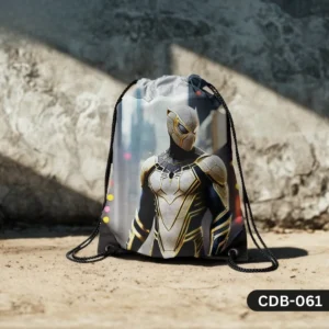 "Web Phantom Drawstring Bag with White and Gold Armored Spider-Man Print CDB-061", "Futuristic Superhero Sling Bag featuring Sleek Armored Spider-Man Design", "Durable Polyester Drawstring Bag with Unique White Gold Black Spider-Man Art CDB-061".