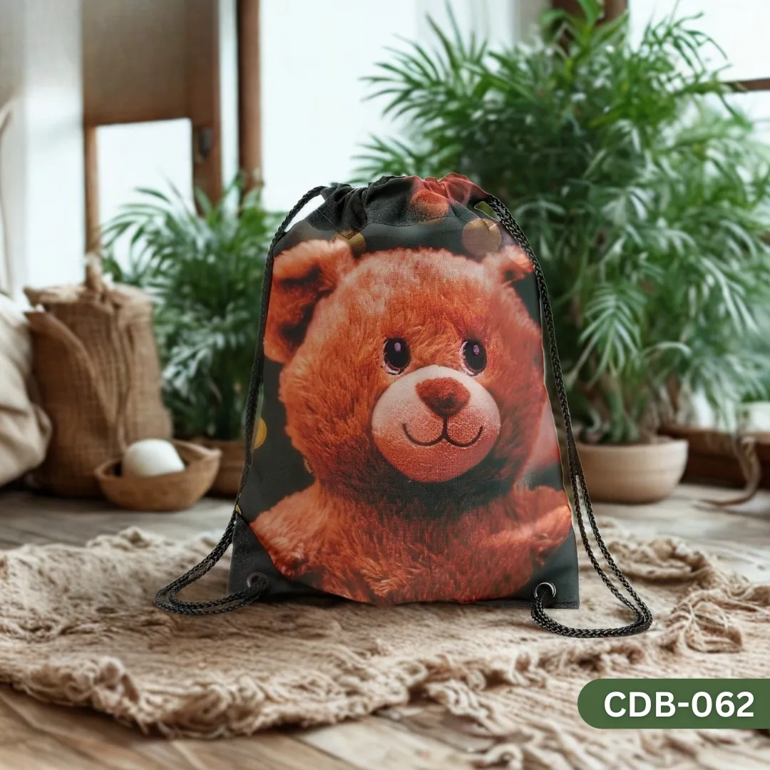 "Teddy Bear Drawstring Bag with Cute Classic Brown Teddy Bear Face Print CDB-062", "Kids Cuddly Animal Themed Sling Bag featuring a Friendly Teddy Bear", "Durable Polyester Children's Bag with Adorable Teddy Bear Design CDB-062".