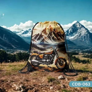"Vintage Mountain Path Drawstring Bag with Classic Motorcycle and Mountain Landscape Print CDB-063", "Scenic Sling Bag featuring Orange Motorcycle before Snow-Capped Mountains", "Durable Polyester Biker Themed Drawstring Bag with Artistic Mountain View CDB-063".