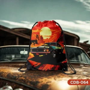 "90's Era Drawstring Bag with Retro Muscle Car and Sunset Cityscape Print CDB-064", "Orange and Black Sling Bag featuring Classic American Car at Sunset", "Durable Polyester Vintage Style Car Art Drawstring Bag CDB-064".