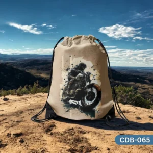 "The Adventure's Ride Drawstring Bag with Vintage Motorcycle and Rider Ink Splatter Art Print CDB-065", "Earthy Toned Sling Bag featuring Classic Motorcycle Adventure Design", "Durable Polyester Biker Themed Drawstring Bag with Artistic Ink Effect CDB-065".