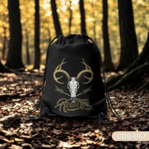 "Realtree Drawstring Bag with Deer Skull Antlers and Crossed Arrows Design CDB-067", "Black Hunting Themed Sling Bag featuring Realtree Logo and Deer Skull", "Durable Outdoor Polyester Drawstring Bag with Realtree Branding CDB-067"