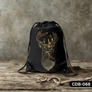 "Urban Huntsman Drawstring Bag with Camo Deer Silhouette Print CDB-068", "Black Sling Bag featuring Golden Outline Stag with Camouflage Fill", "Durable Outdoor Polyester Drawstring Bag Modern Hunting Design CDB-068"