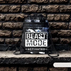 "Core Detonator Drawstring Bag CDB-071 - Beast Mode Activated Graphic Print", "Durable black and white gym bag with Beast Mode text", "Intense workout Beast Mode sling bag".