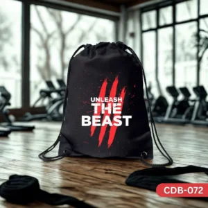 "Beastborn Drawstring Bag CDB-072 - Unleash The Beast Red Claw Mark Design", "Durable black and red gym bag with beast text", "Intense workout Unleash The Beast sling bag".