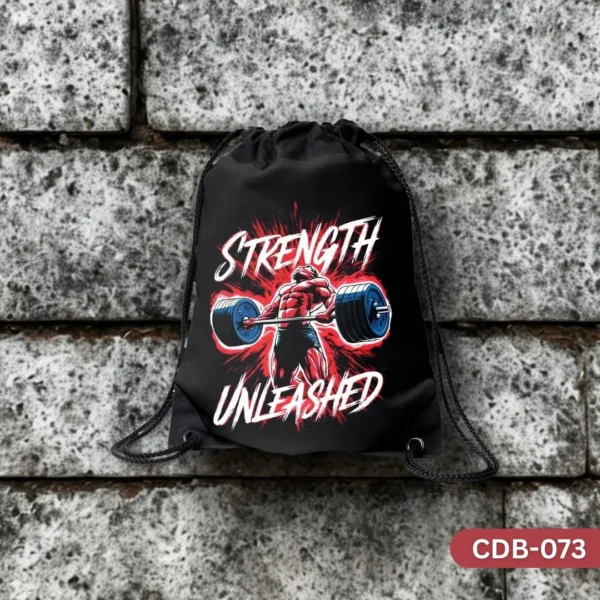 "Iron Titan Drawstring Bag CDB-073 - Strength Unleashed Powerlifter Graphic", "Durable black and red gym bag with weightlifter design", "Intense workout Strength Unleashed sling bag".