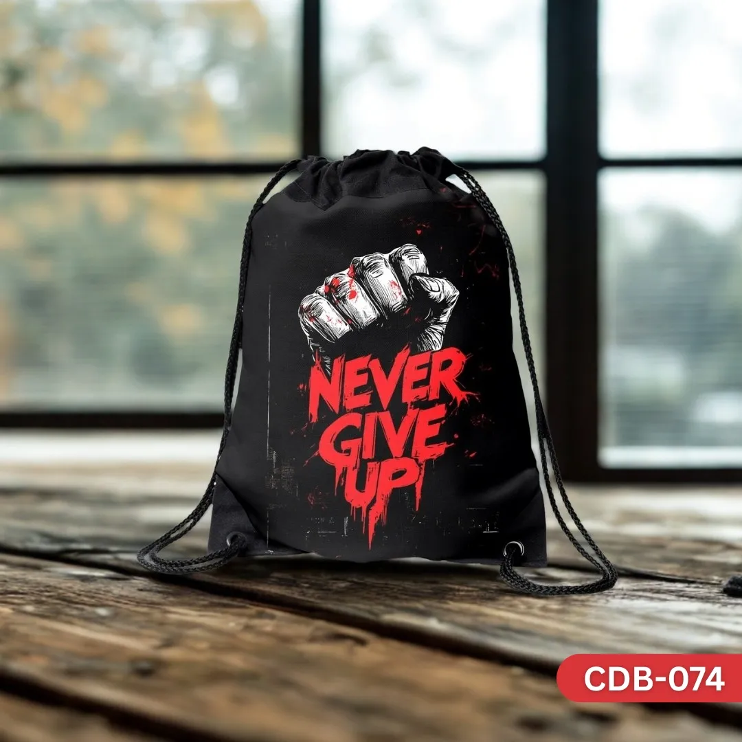 "Power Pulse Drawstring Bag CDB-074 - Never Give Up Fist Graphic Print", "Durable black and red gym bag with motivational quote", "Intense workout Never Give Up sling bag"