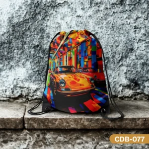 "ArtBeat Racer Drawstring Bag with Colorful Pop Art Sports Cars CDB-077", "Durable Porsche Themed Sports Bag with Abstract Background", "Vibrant Art Style Car Print Sling Bag CDB-077".