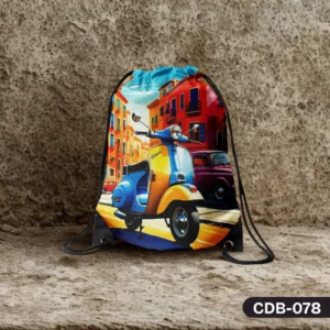 Vivid Vespa Venture Drawstring Bag CDB-078 - Colorful Italian Scooter Design", "Durable retro Vespa themed sports bag", "European street scene travel sling bag".