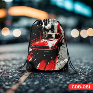 Urban Overdrive Drawstring Bag - Red Muscle Car Graphic Art CDB-081", "Durable muscle car themed sports bag", "Urban style car print bag".