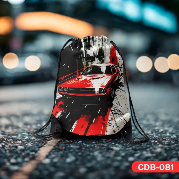 Urban Overdrive Drawstring Bag - Red Muscle Car Graphic Art CDB-081", "Durable muscle car themed sports bag", "Urban style car print bag".