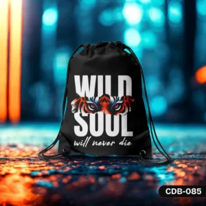 "Fierce Soul Drawstring Bag (CDB-085) in black, featuring white 'WILD SOUL will never die' text and striking orange and blue tiger eyes graphic, set against a blurred, atmospheric background with blue and orange bokeh lights."