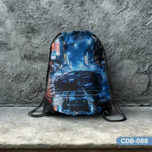 Gridrunner GT drawstring bag showcasing a dynamic print of a black supercar on wet, neon-lit city streets at night, positioned against a concrete background.