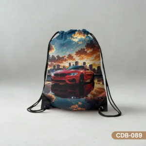 Apex Glow drawstring bag featuring a vibrant print of a red sports car against a dramatic sunset cityscape with reflections, evoking power and style.