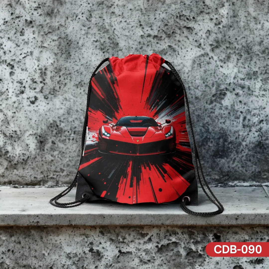 Velocity Vortex drawstring bag featuring a striking print of a red supercar emerging from a dynamic red and black abstract vortex, conveying speed and energy.