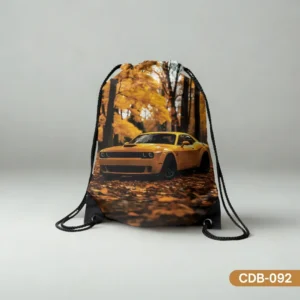 Golden Season Muscle drawstring bag showcasing a vibrant print of a yellow muscle car parked in a forest with golden autumn leaves.